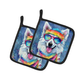 American Eskimo Hippie Dawg Pair of Pot Holders Kitchen Heat Resistant Pot Holders Sets Oven Hot Pads for Cooking Baking BBQ, 7 1/2 x 7 1/2
